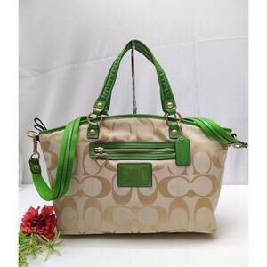 Coach Poppy Signature Brown Canvas Green Patent Leather Satchel Shoulder Bag